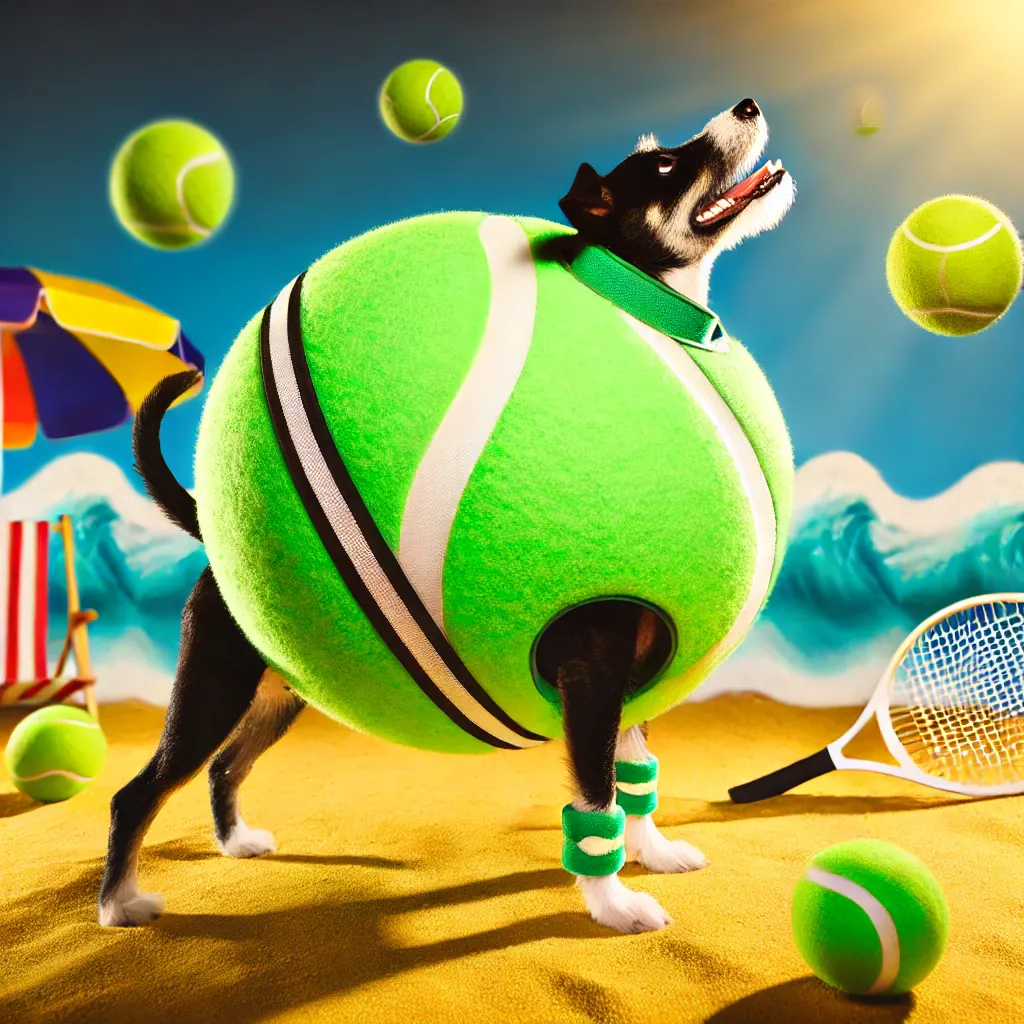 Black-and-white dog wearing a giant tennis ball costume on a beach as tennis balls fly overhead