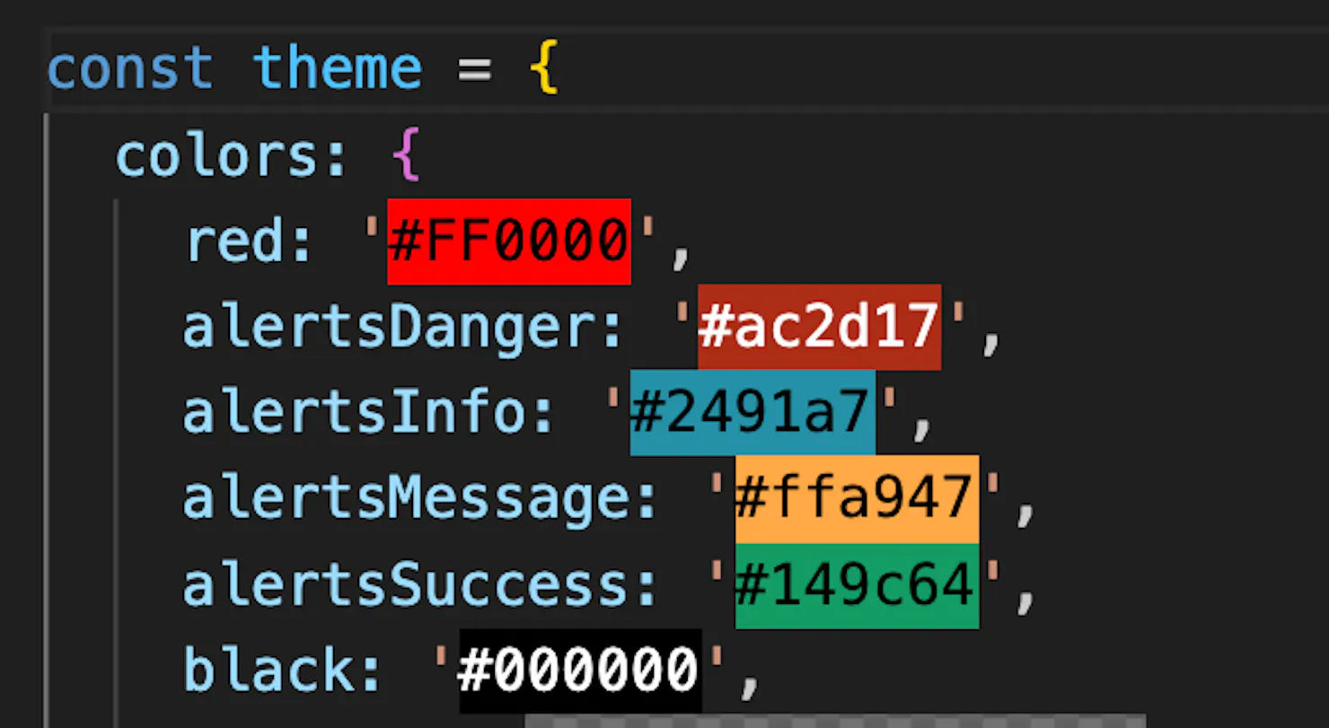 Code screenshot of a theme object defining color hex values, each value highlighted in its own color