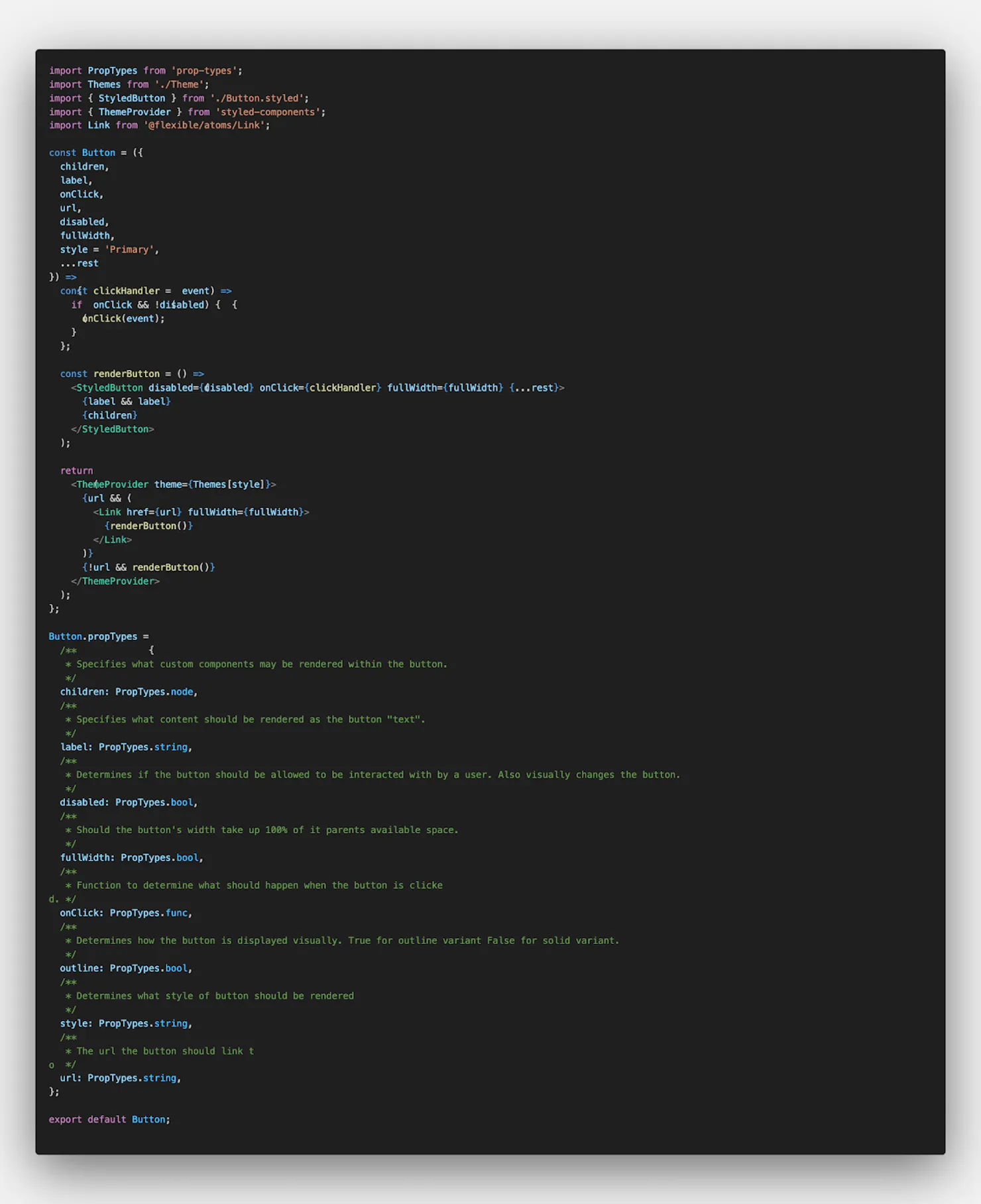 Code screenshot of a React Button component using styled-components, with documented PropTypes