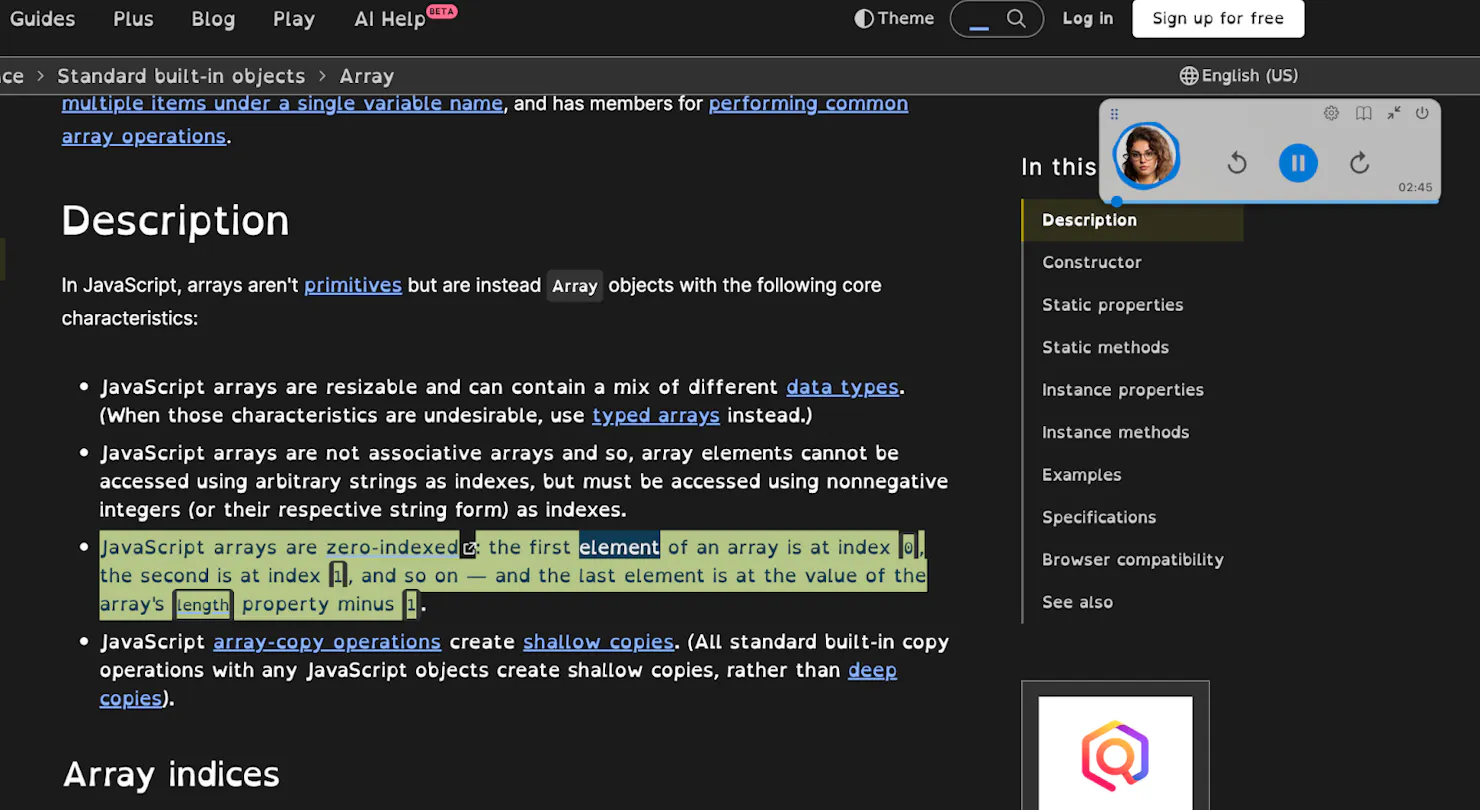 Screenshot of the MDN JavaScript Array docs with a paragraph highlighted by a text-to-speech reader widget