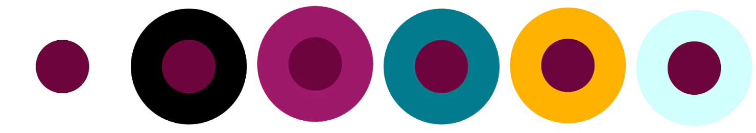 The same purple circle shown alone and ringed by black, magenta, teal, orange and pale blue, showing how surroundings change its appearance