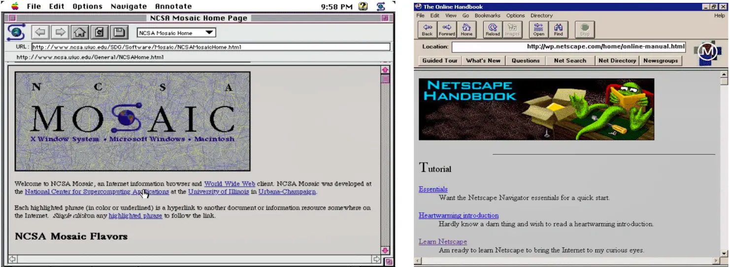 Screenshots of NCSA Mosaic and Netscape 0.9 Beta
