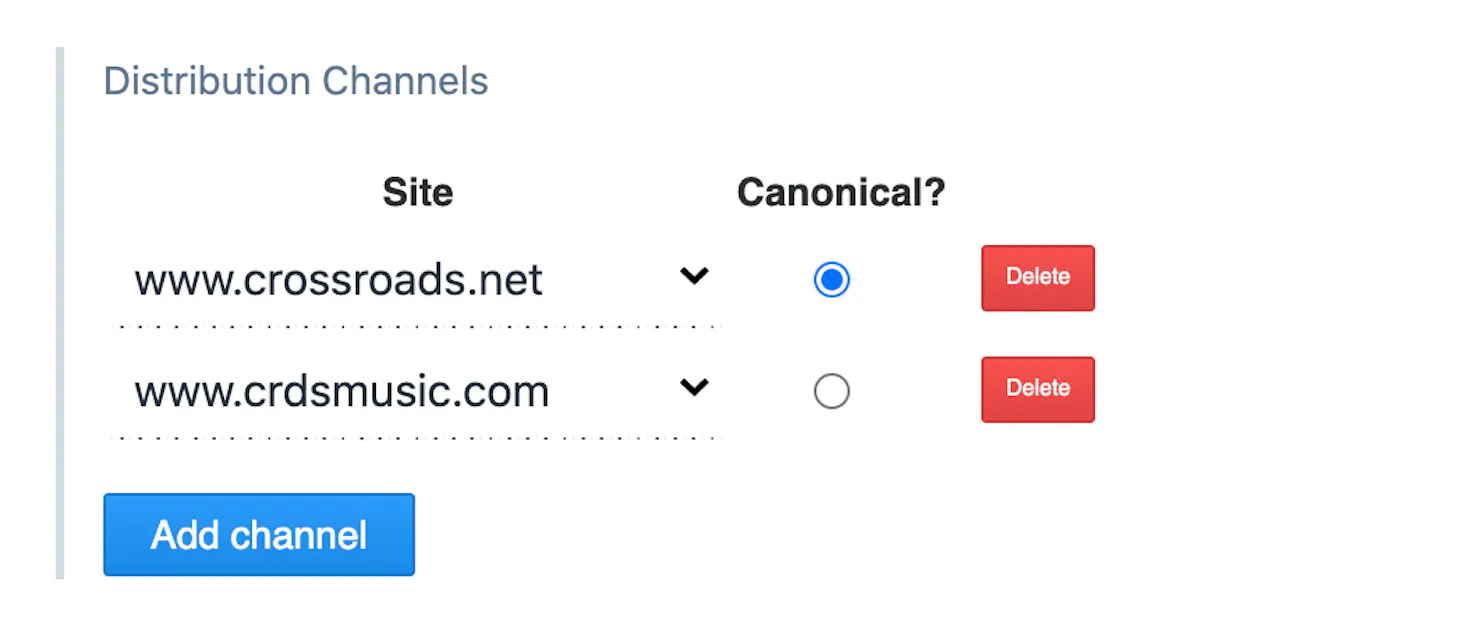 CMS options to set sites as distribution channels