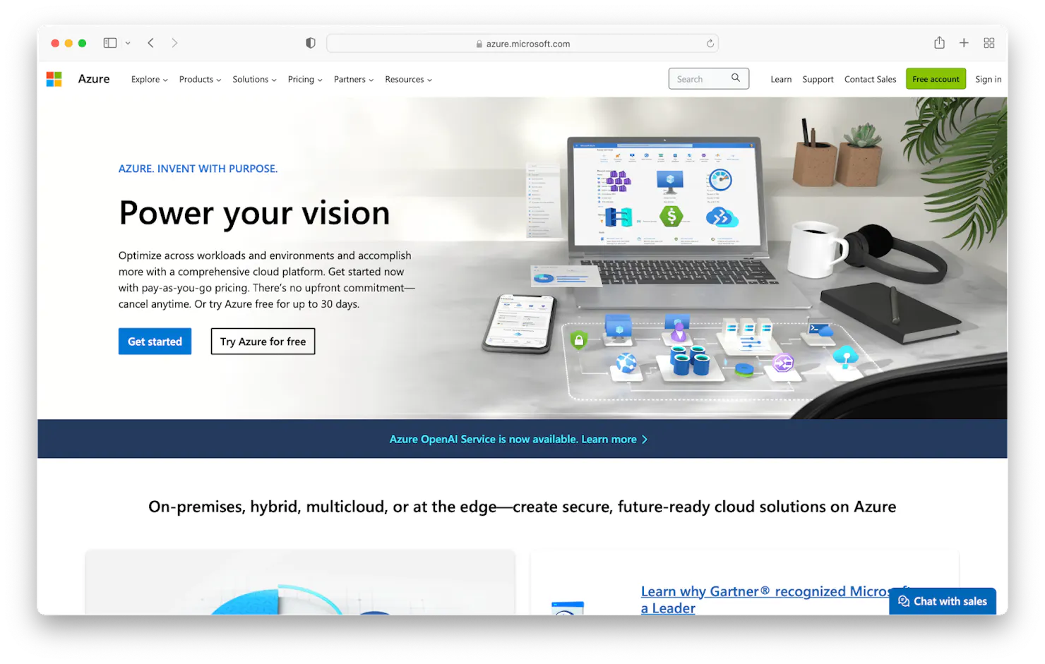 Screenshot of the Microsoft Azure homepage with the headline Power your vision and Get started buttons