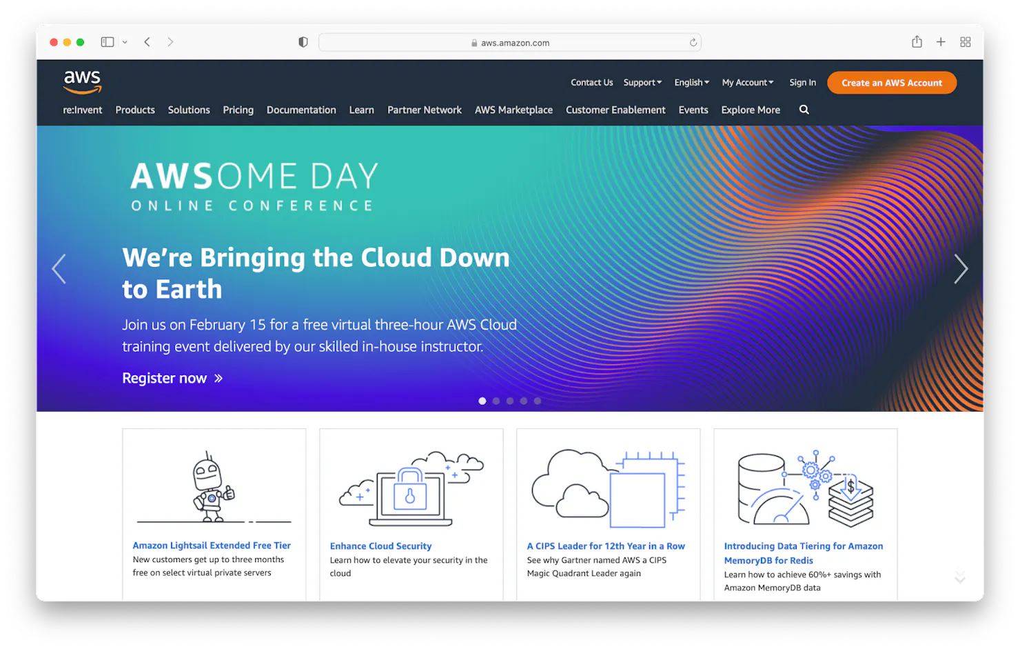 Screenshot of the AWS homepage with an AWSome Day online conference banner and service promo cards