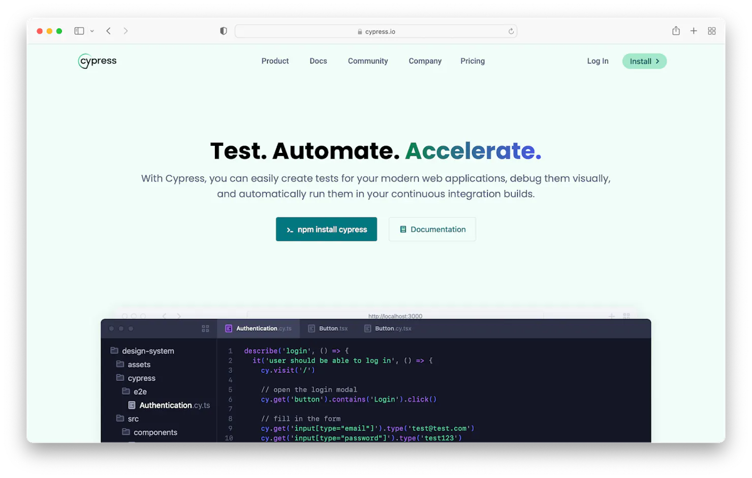 Screenshot of the Cypress homepage reading 'Test. Automate. Accelerate.' above a code editor with a login test