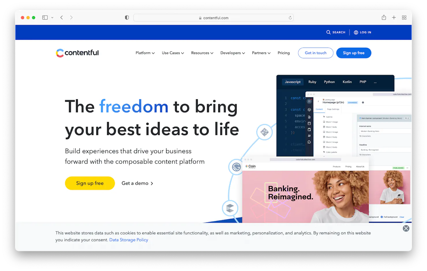 Screenshot of the Contentful homepage reading 'The freedom to bring your best ideas to life' with product previews