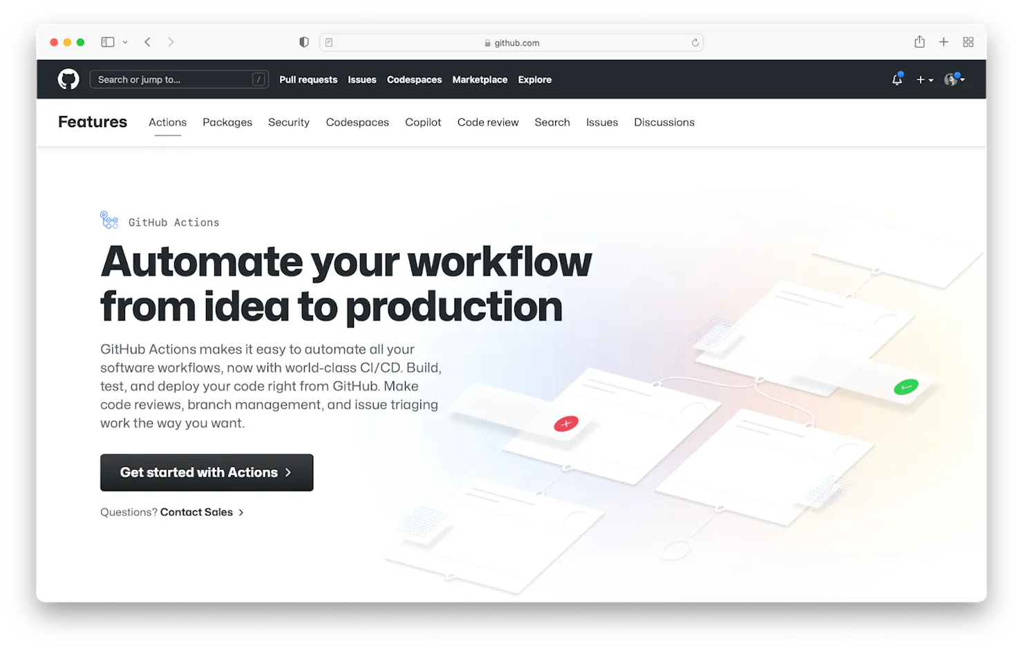 Screenshot of the GitHub Actions features page reading 'Automate your workflow from idea to production'