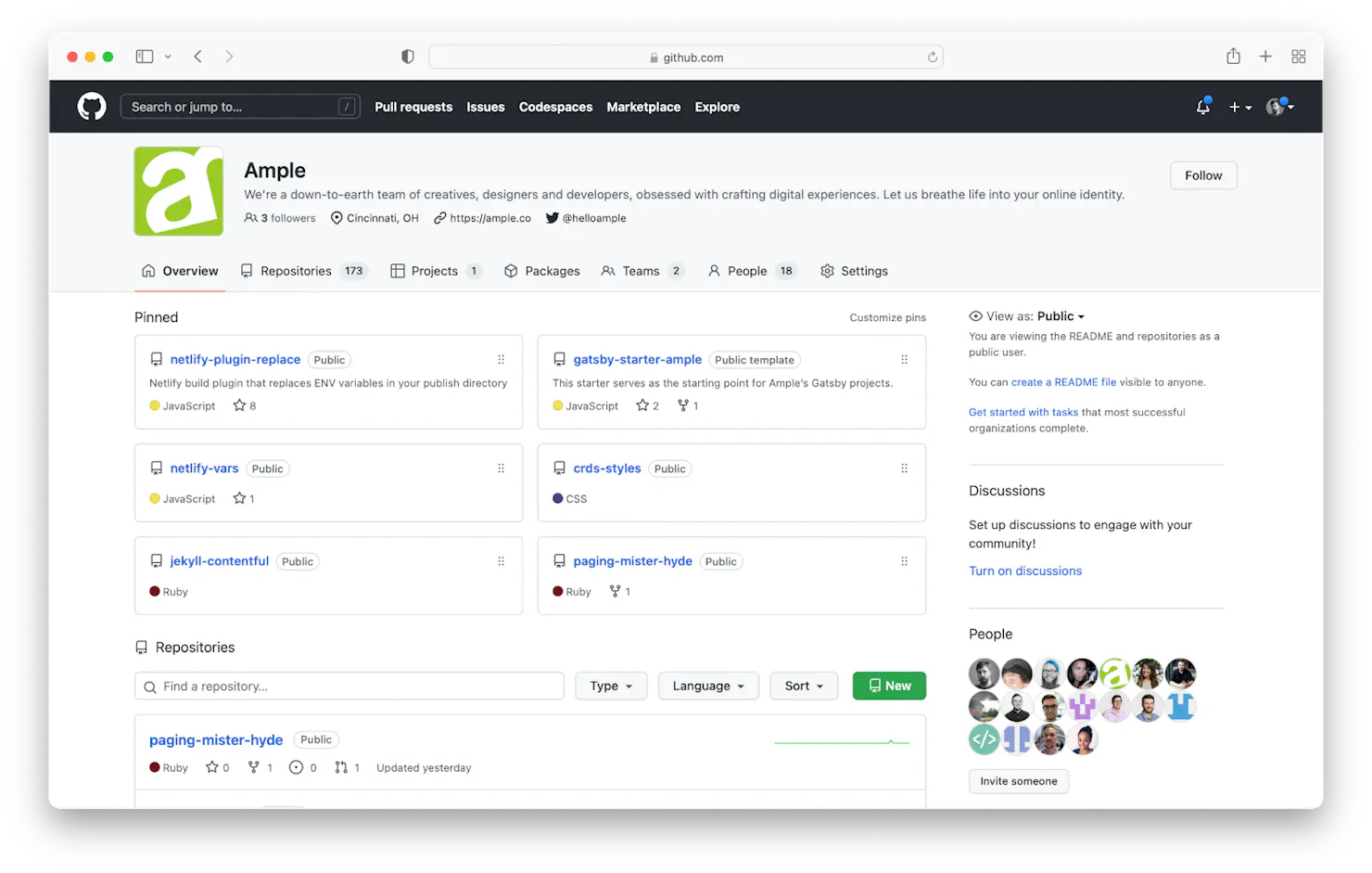 Screenshot of Ample's GitHub organization page with pinned repositories like netlify-plugin-replace and gatsby-starter-ample
