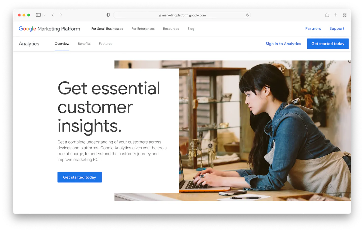 Screenshot of the Google Analytics overview page reading 'Get essential customer insights' beside a photo of a shop owner at a laptop
