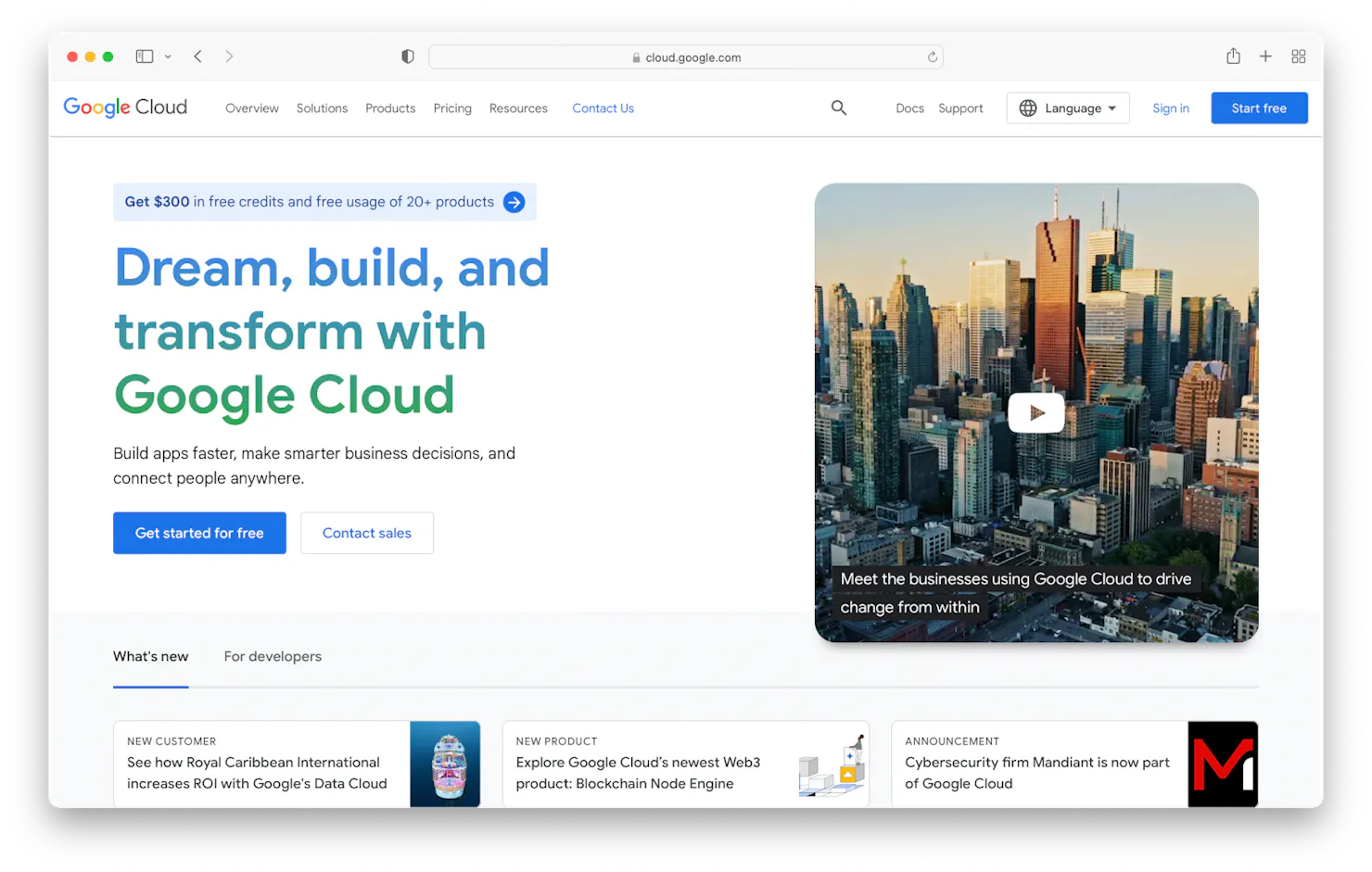 Screenshot of the Google Cloud homepage reading 'Dream, build, and transform with Google Cloud' with a $300 free credits offer