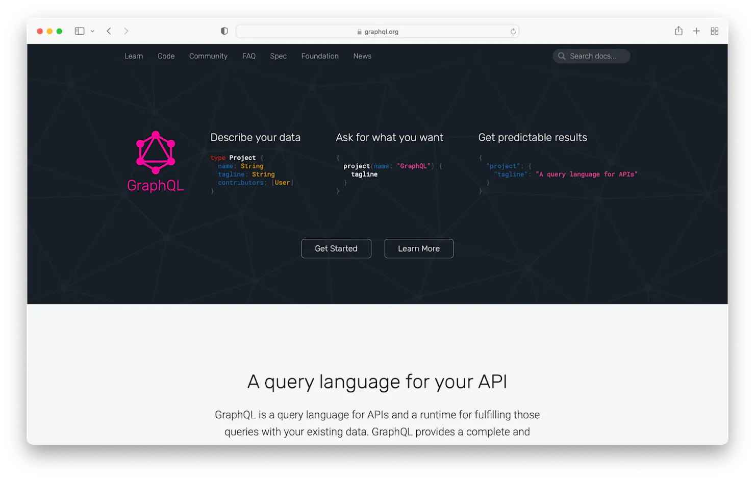 Screenshot of the GraphQL homepage with code examples for describing data, asking for what you want and getting predictable results