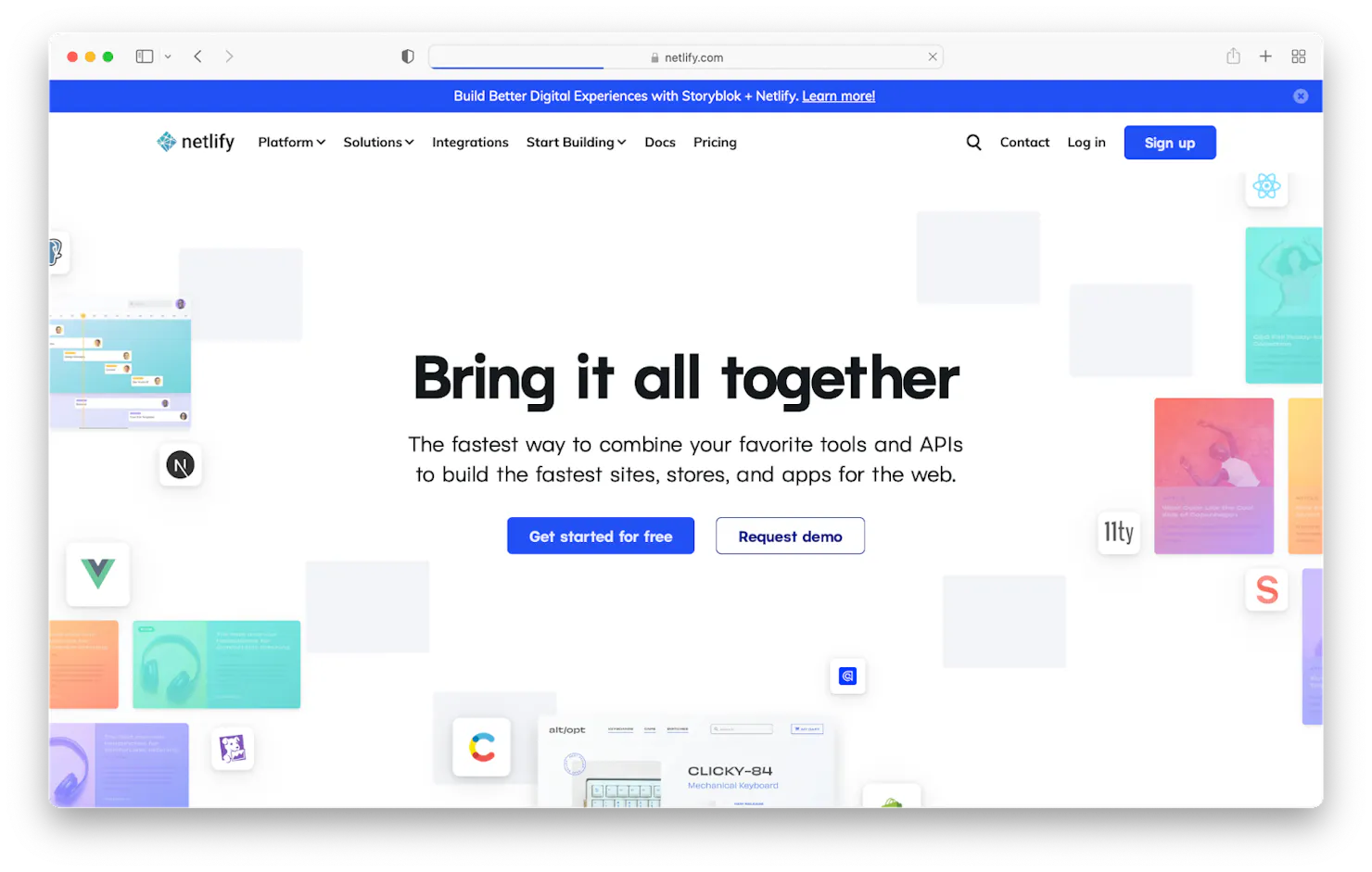 Screenshot of the Netlify homepage reading 'Bring it all together' surrounded by floating site previews and framework icons