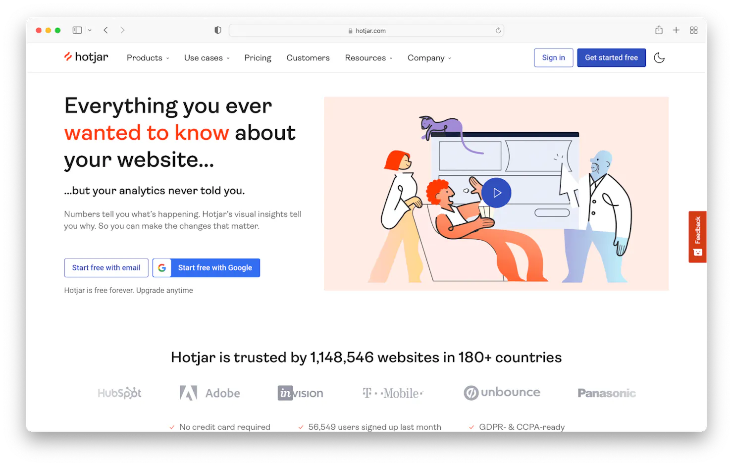 Screenshot of the Hotjar homepage reading 'Everything you ever wanted to know about your website' with an illustrated video thumbnail