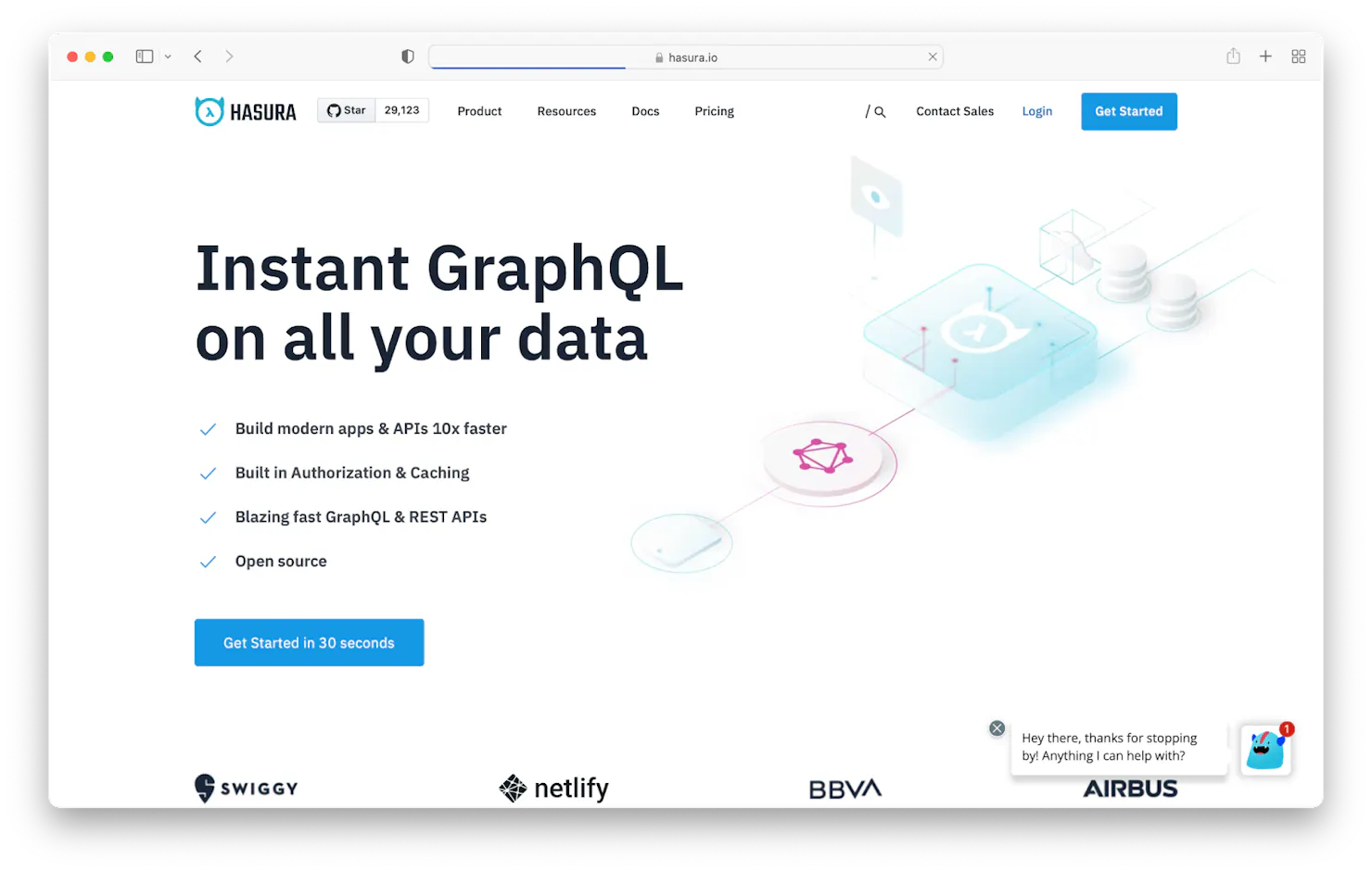 Screenshot of the Hasura homepage reading 'Instant GraphQL on all your data' with a feature checklist