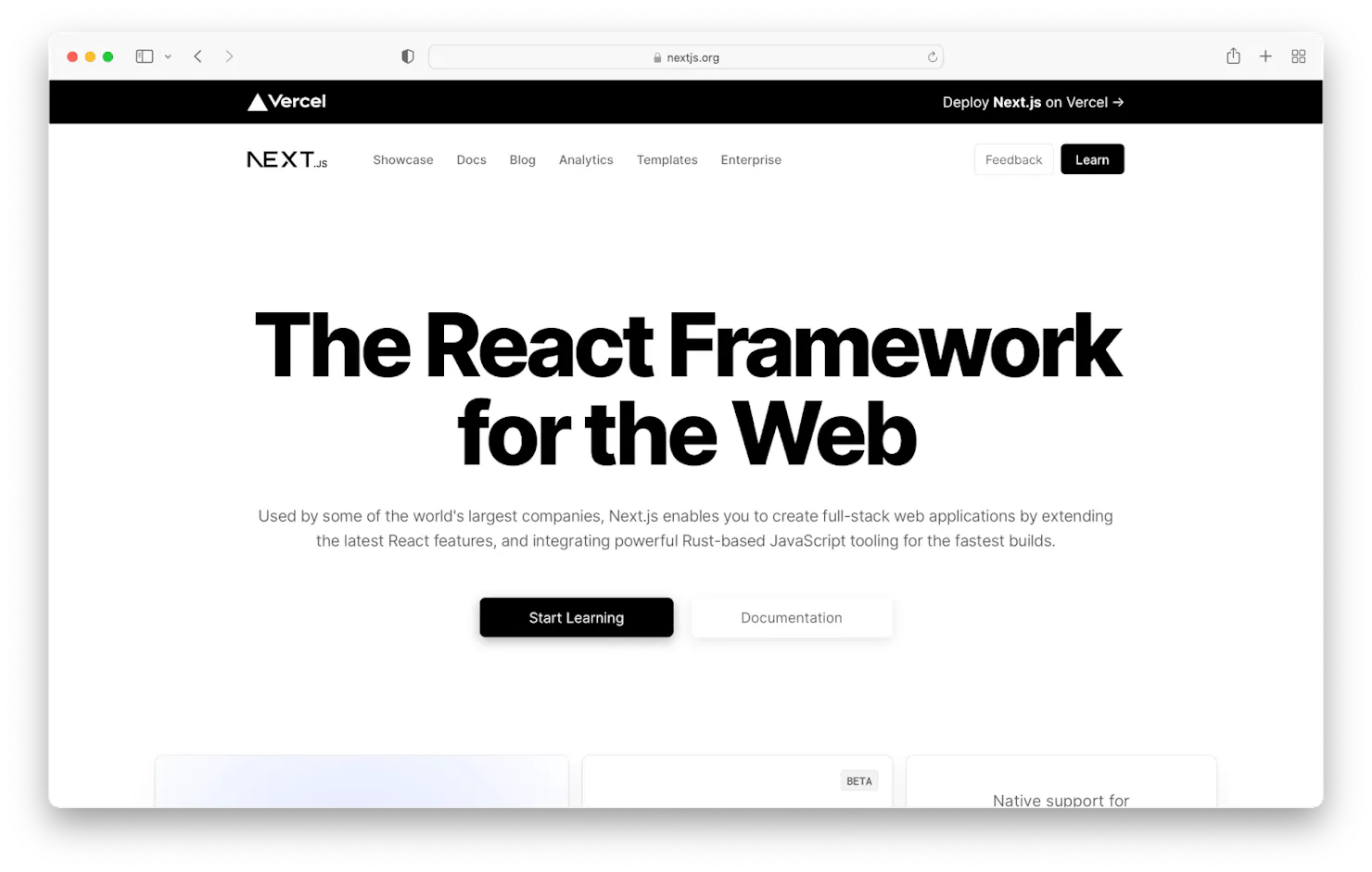 Screenshot of the Next.js homepage reading 'The React Framework for the Web'