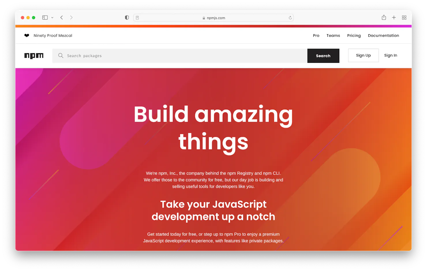 Screenshot of the npm homepage reading 'Build amazing things' over a red and orange gradient