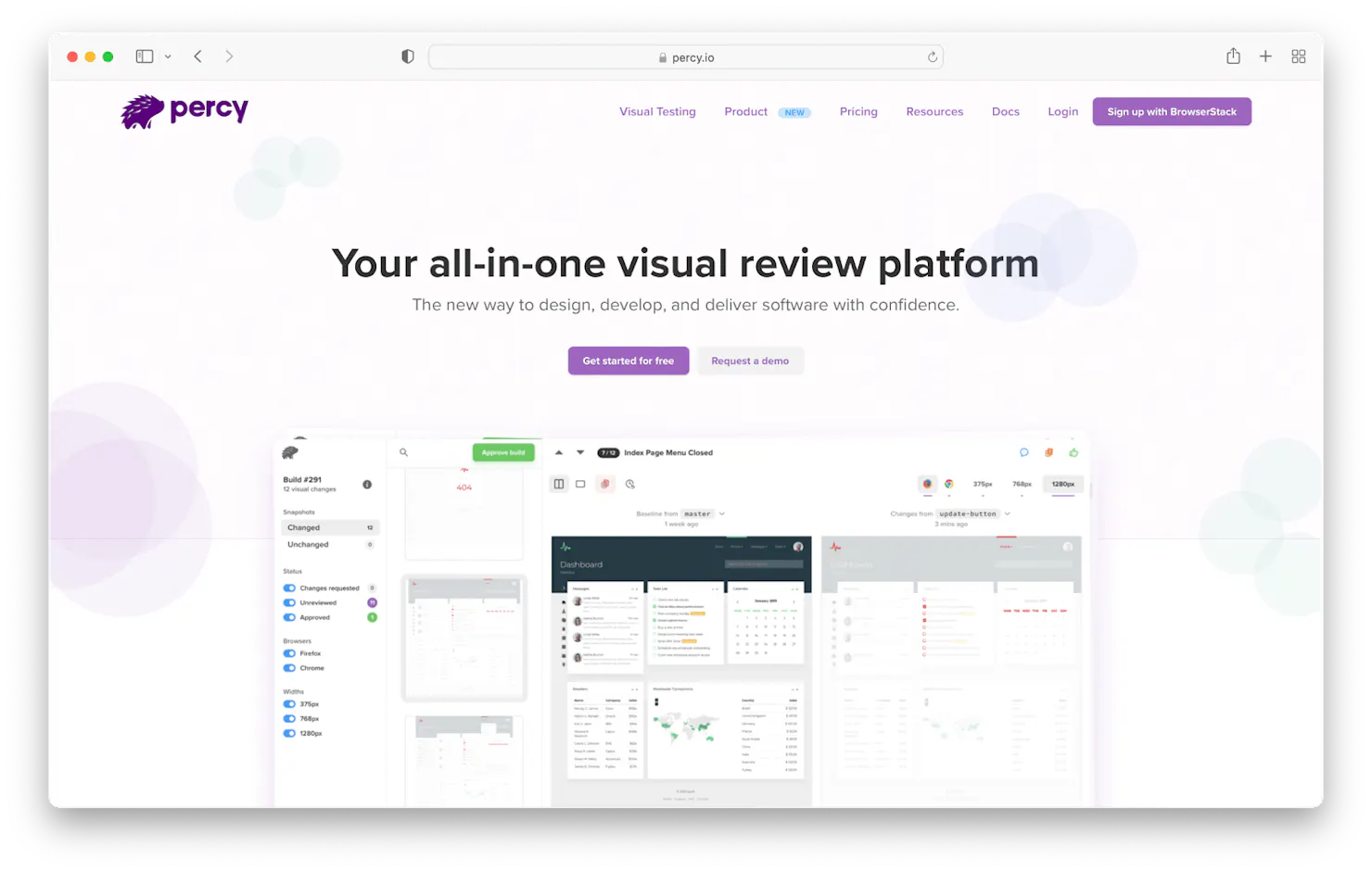 Screenshot of the Percy homepage reading 'Your all-in-one visual review platform' above a visual diff dashboard