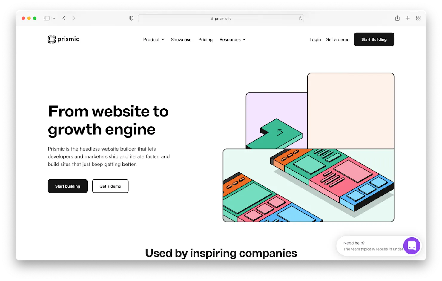 Screenshot of the Prismic homepage reading 'From website to growth engine' with an isometric page-builder illustration