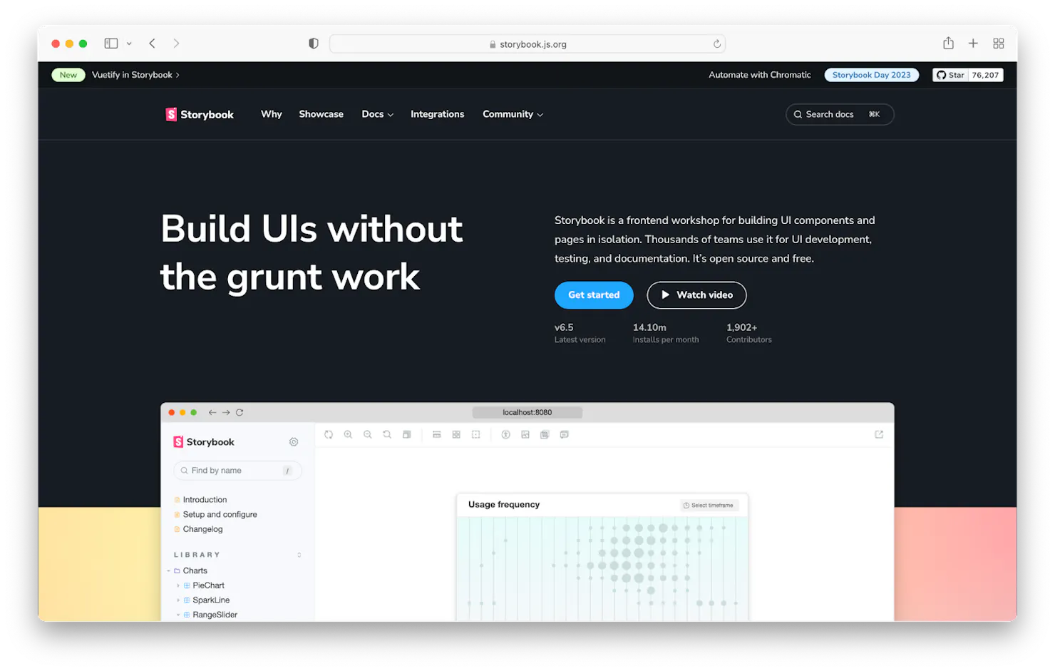 Screenshot of the Storybook homepage reading 'Build UIs without the grunt work' above a component explorer