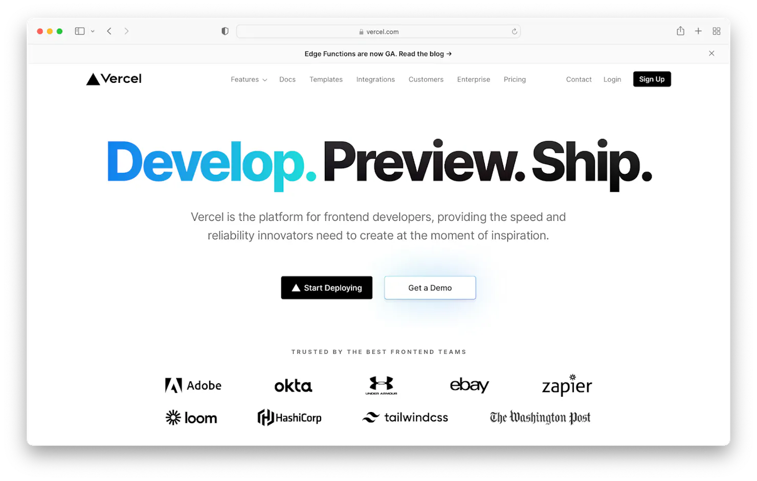 Screenshot of the Vercel homepage reading 'Develop. Preview. Ship.' with customer logos like Adobe, Okta and eBay
