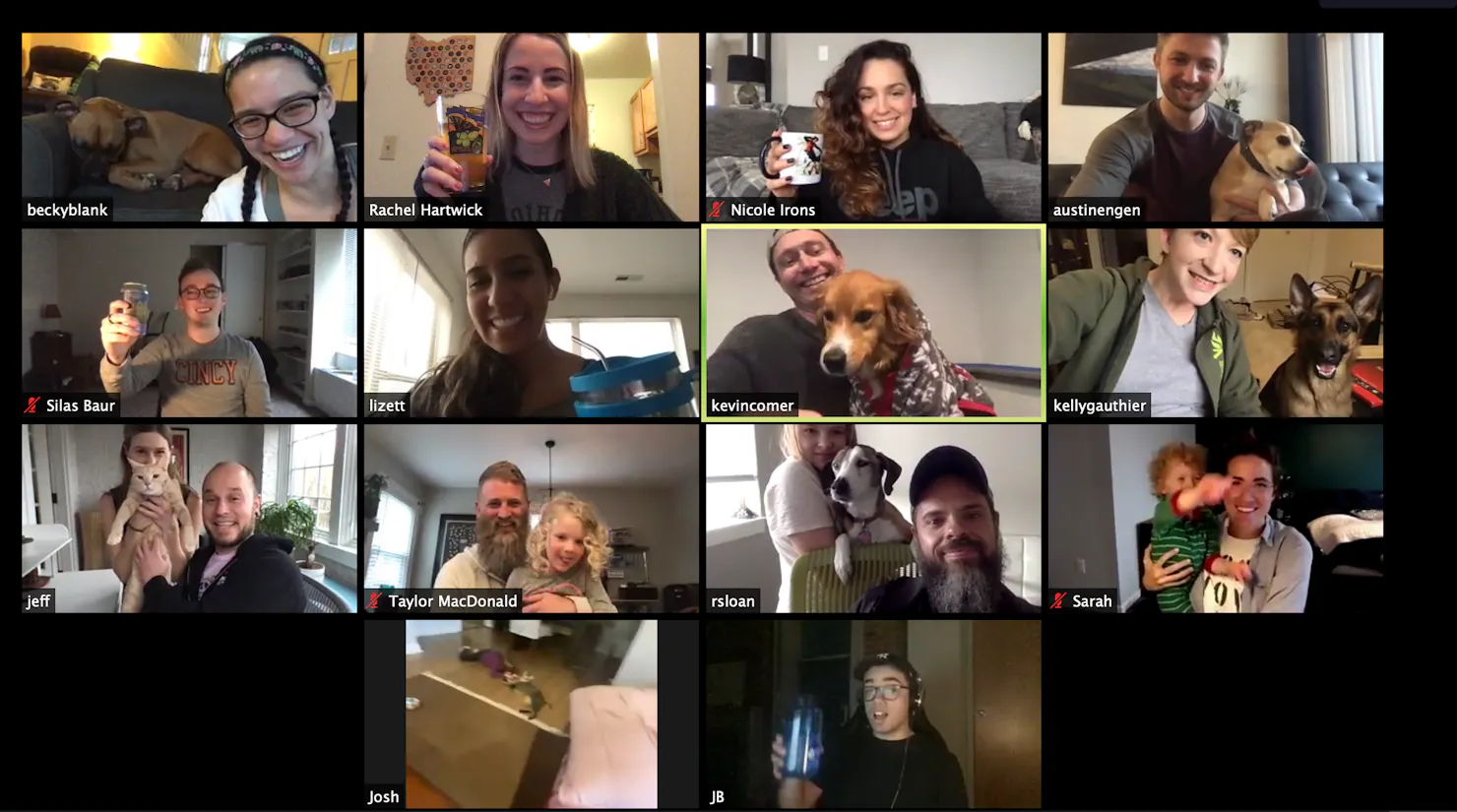 Screenshot of a video call with 14 Ample team members waving from home alongside their pets, kids and drinks