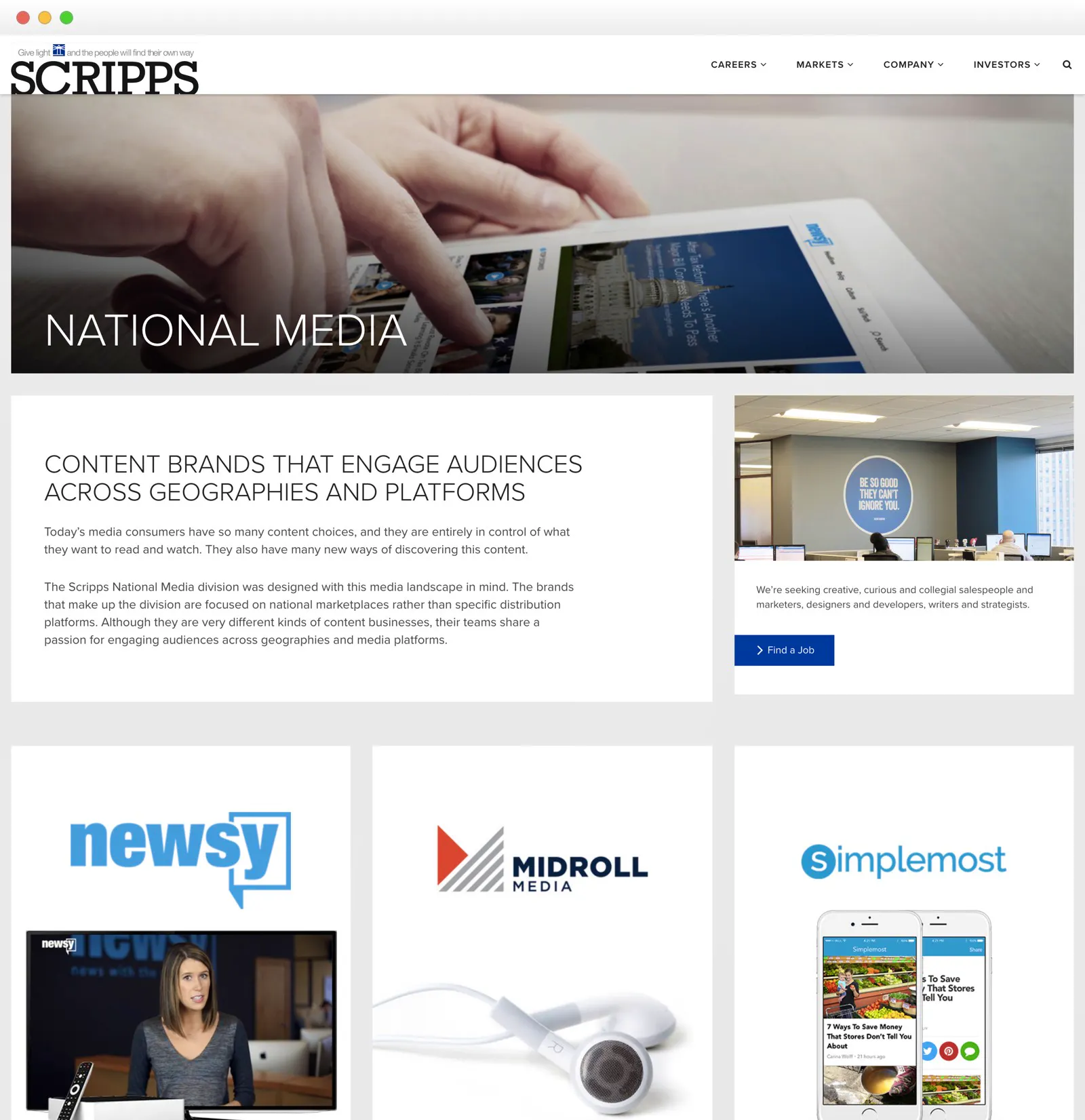 Screenshot of the Scripps National Media page with a tablet hero photo and Newsy, Midroll Media and Simplemost brand cards