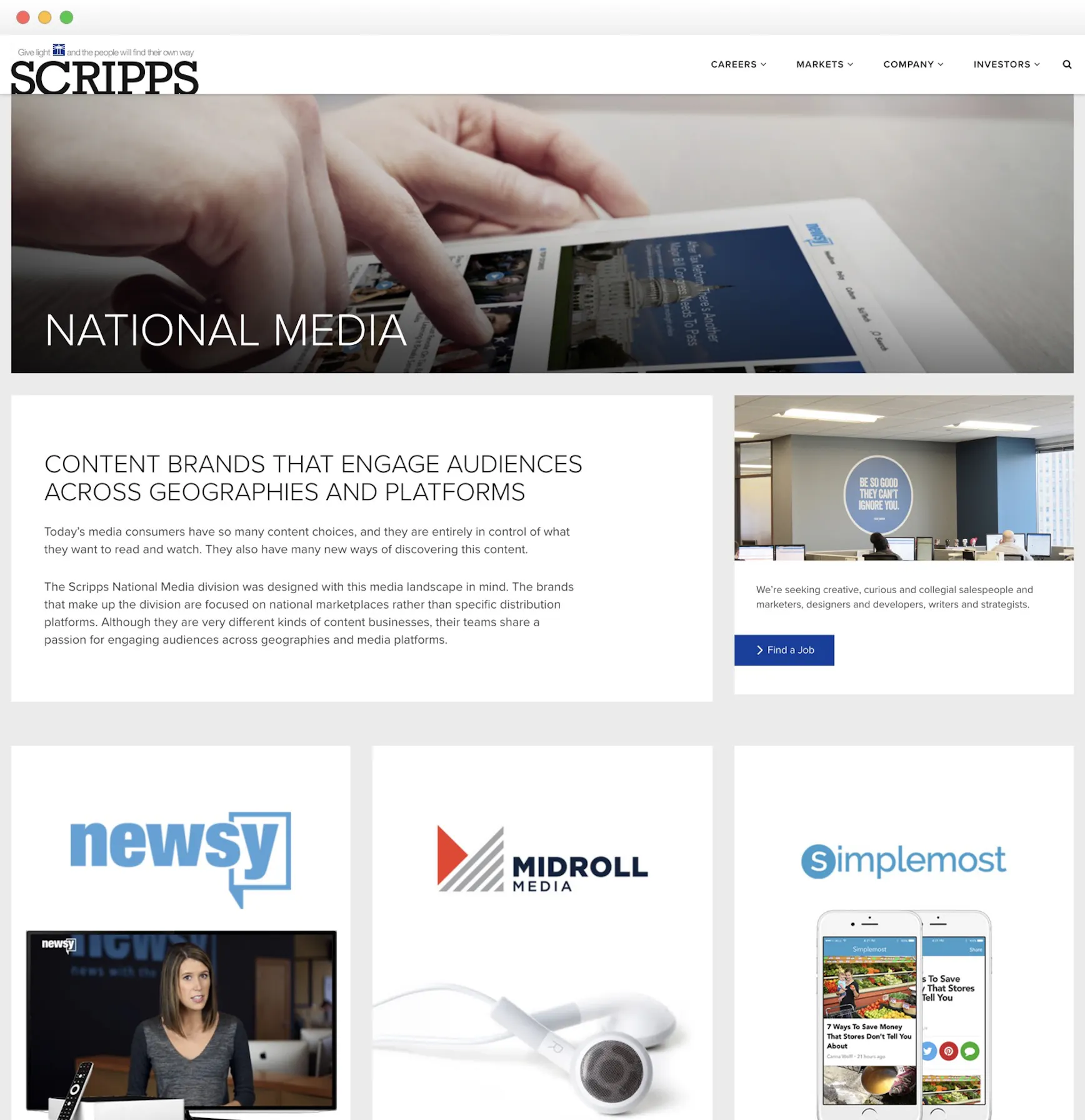 Screenshot of the Scripps National Media page with a tablet hero photo and Newsy, Midroll Media and Simplemost brand cards
