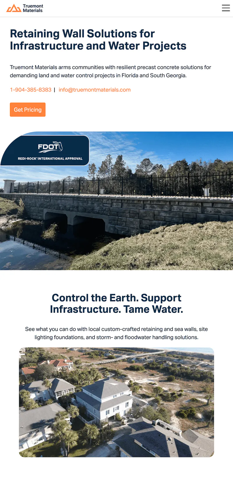 Mobile screenshot of the Truemont Materials homepage: Retaining Wall Solutions for Infrastructure and Water Projects, with a precast bridge photo