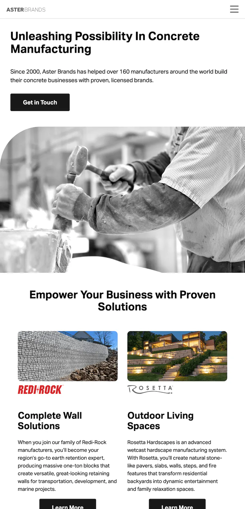 Mobile screenshot of the Aster Brands homepage, Unleashing Possibility In Concrete Manufacturing, with Redi-Rock and Rosetta brand cards