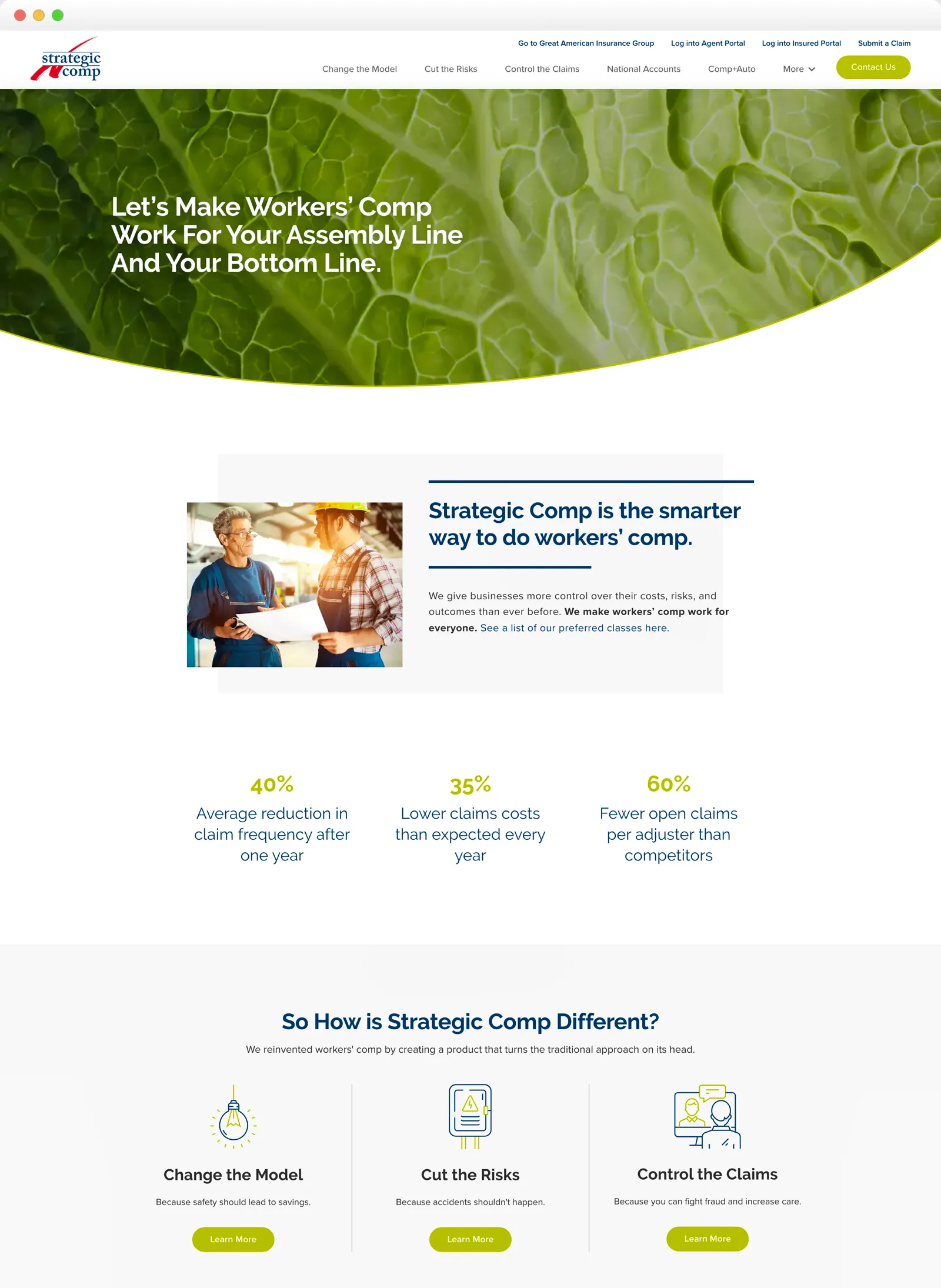 Screenshot of the Strategic Comp homepage with a leaf-texture hero, claims statistics and three service pillars