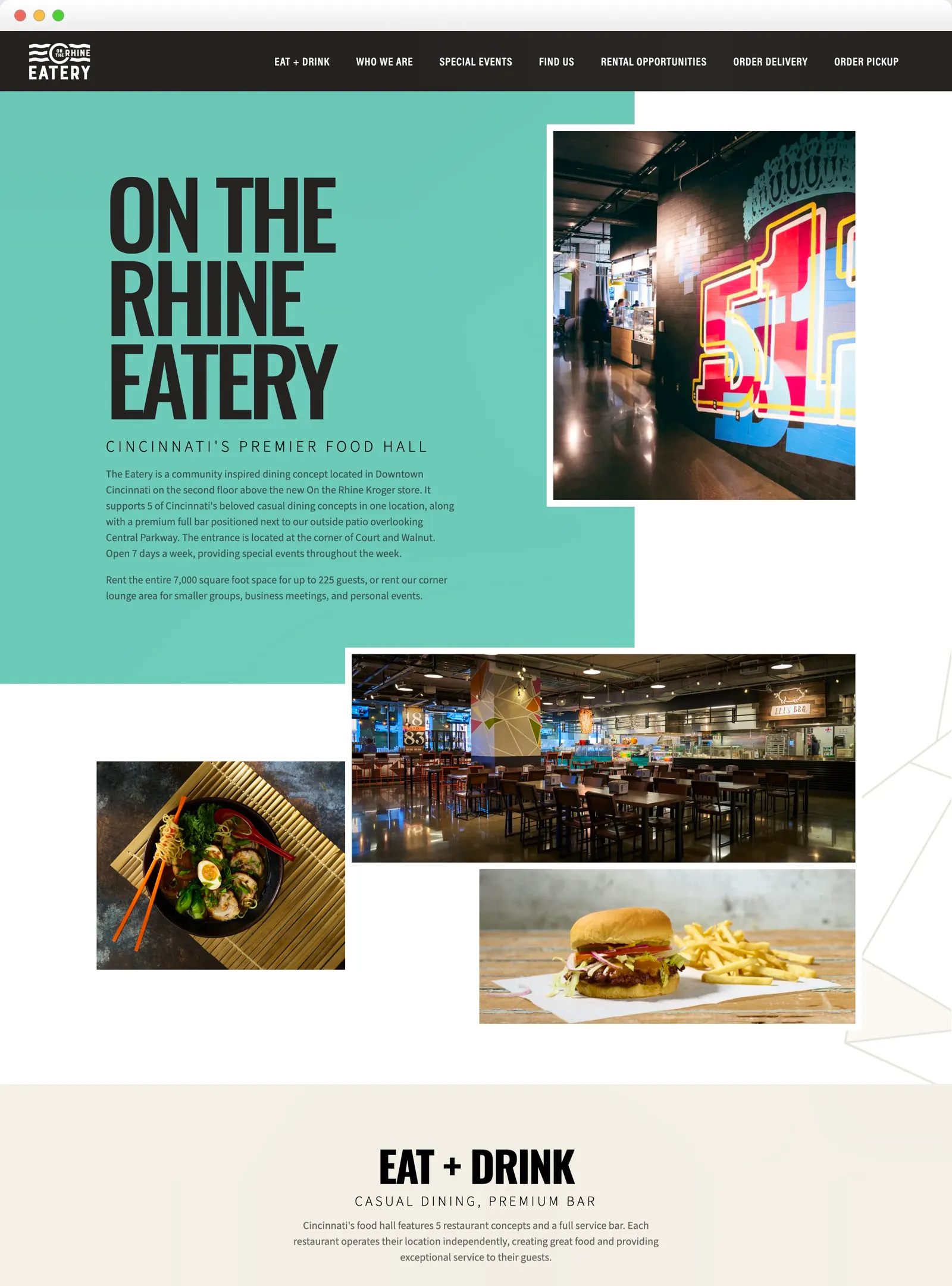 Screenshot of the On the Rhine Eatery homepage with a teal hero block and photos of the food hall and dishes