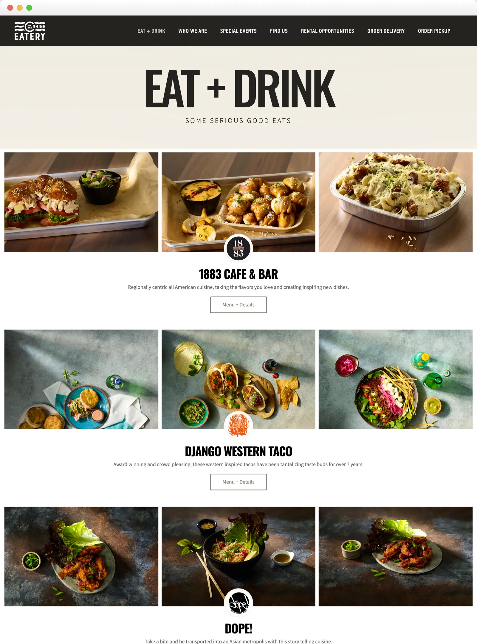 Screenshot of the On the Rhine Eatery Eat + Drink page listing vendors like 1883 Cafe & Bar with food photo grids