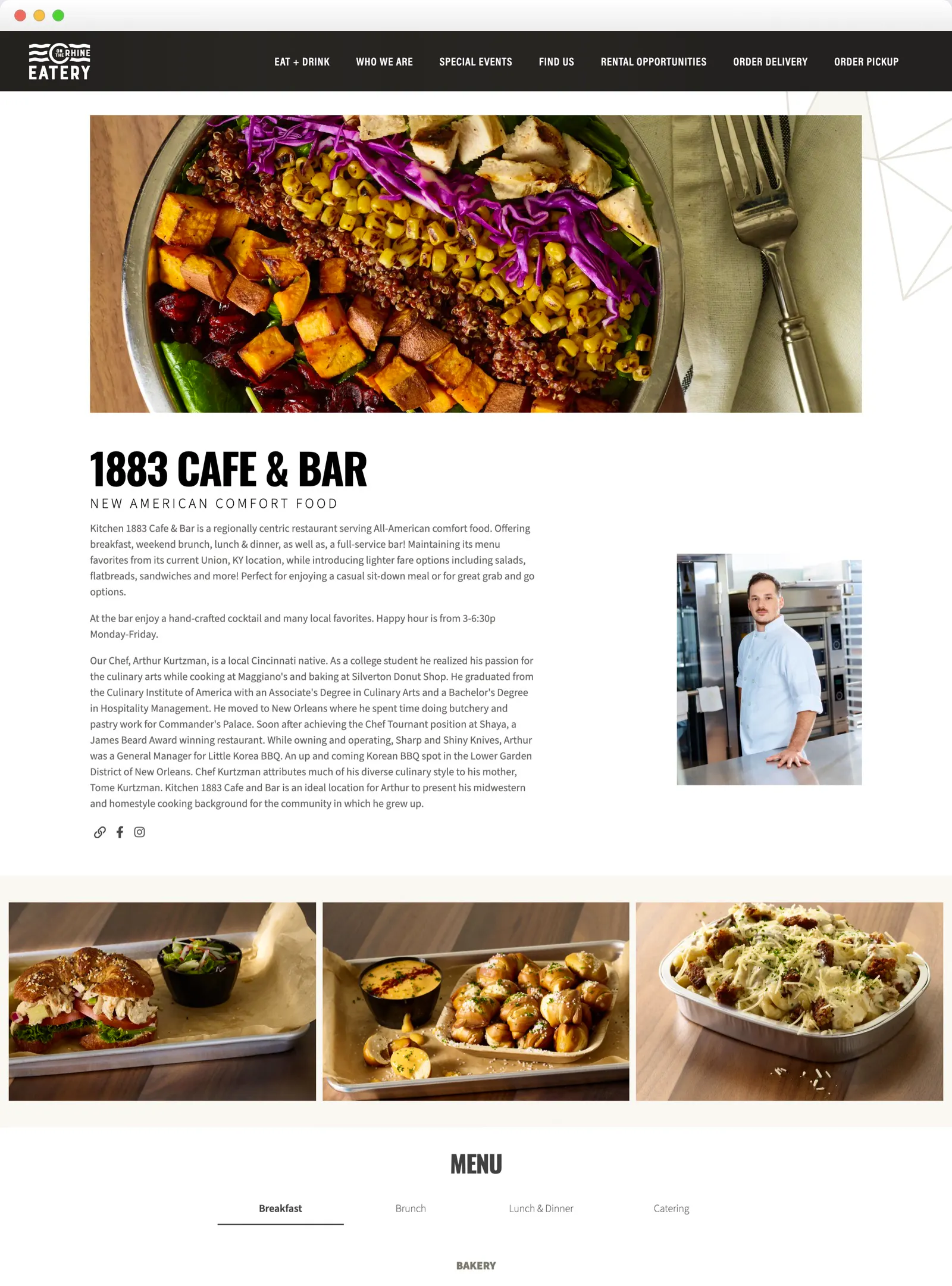 Screenshot of the 1883 Cafe & Bar vendor page on the On the Rhine Eatery site with a chef portrait and menu tabs