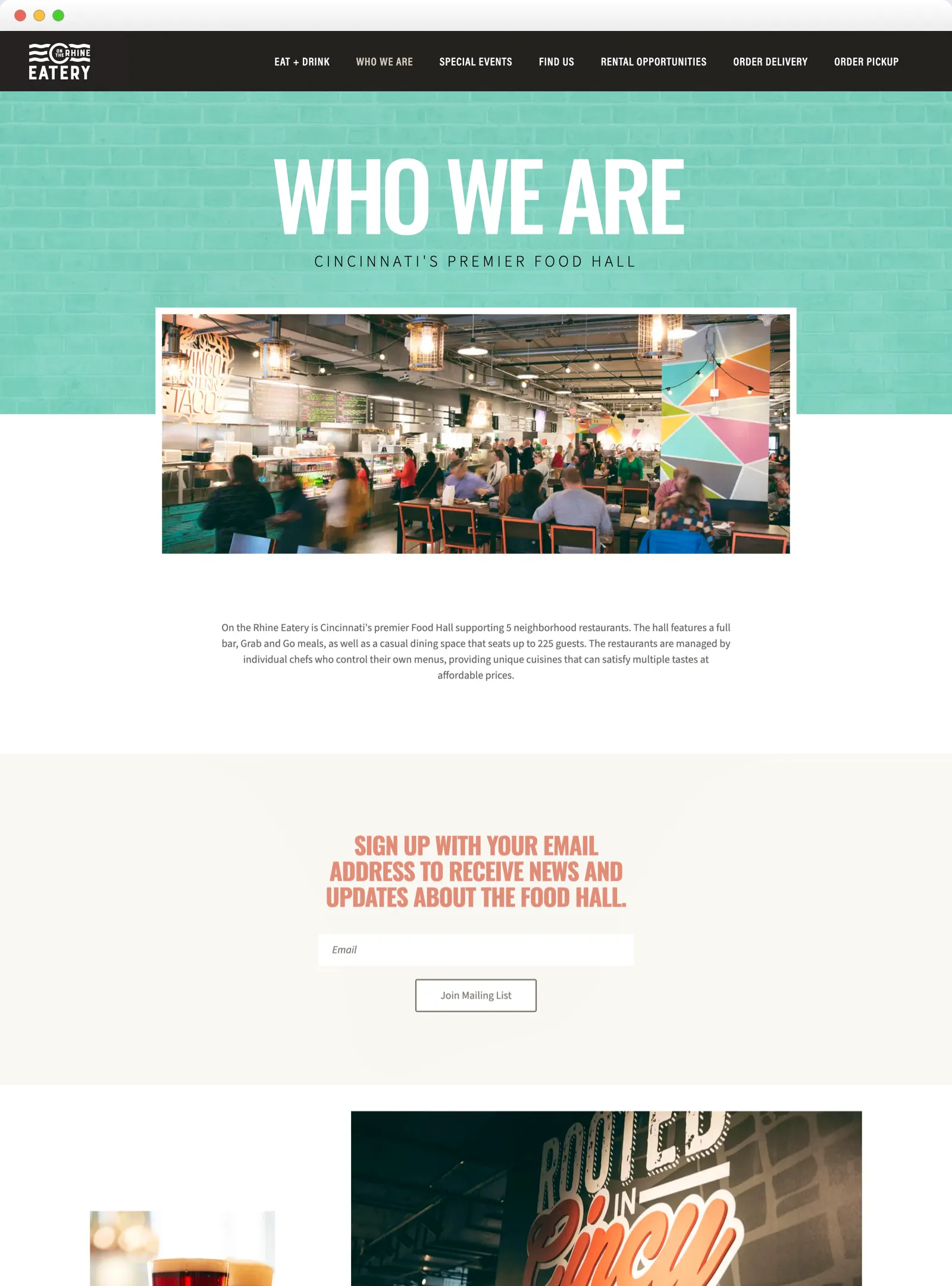 Screenshot of the On the Rhine Eatery Who We Are page with a busy food hall photo and email signup