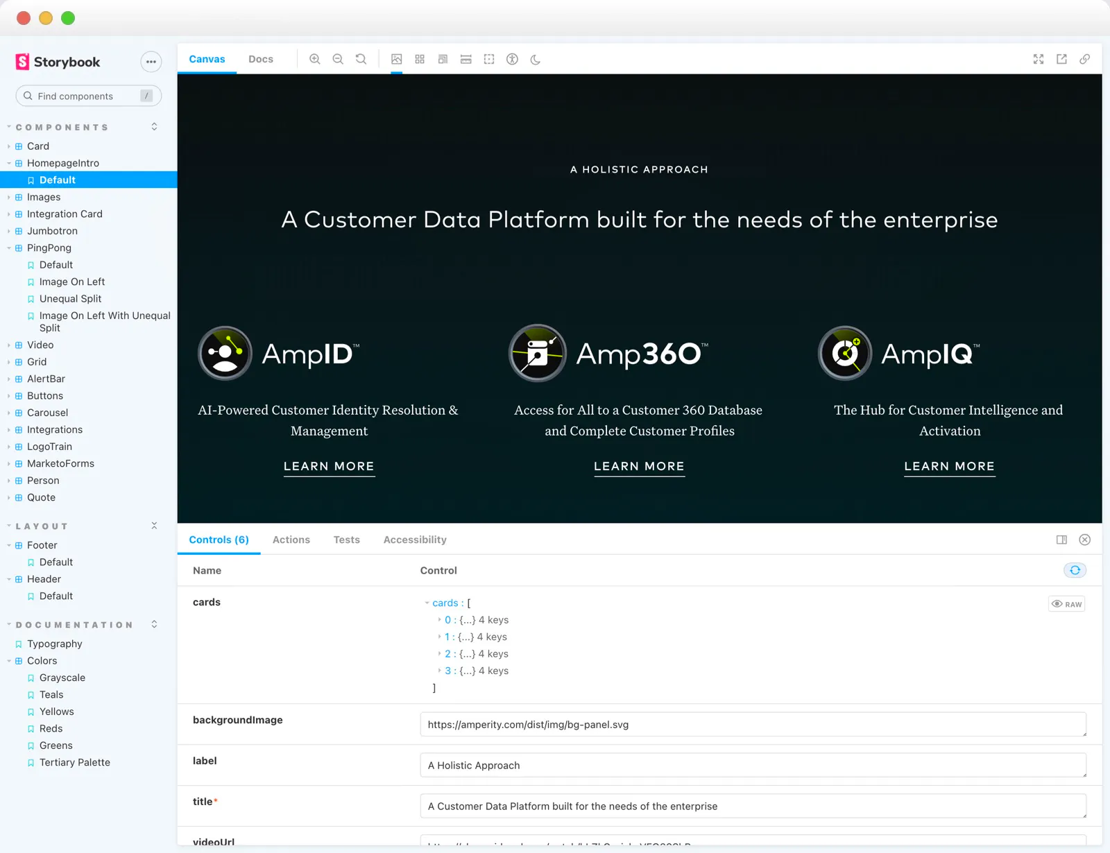 Screenshot of Storybook showing the Amperity homepage intro component with AmpID, Amp360 and AmpIQ cards