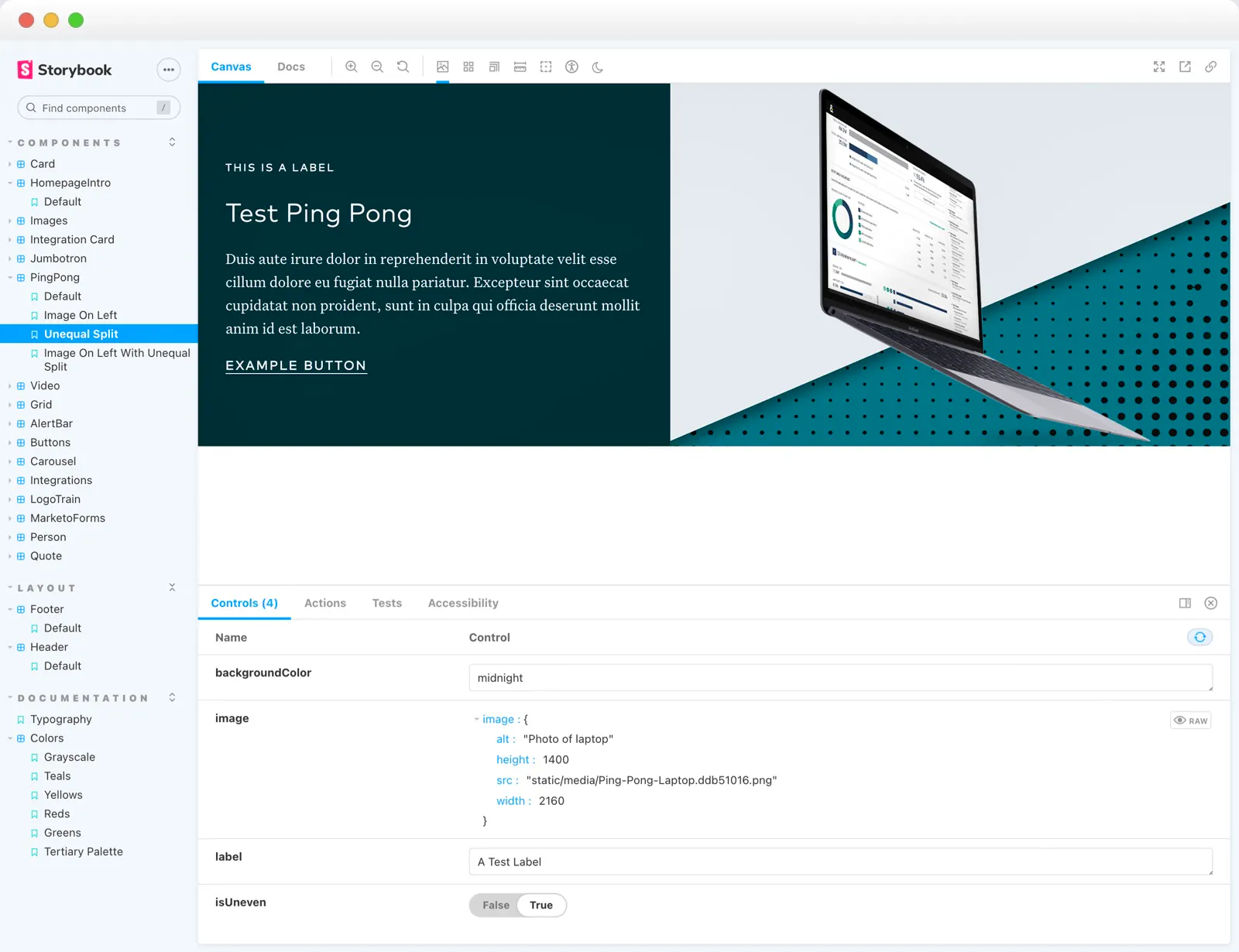 Screenshot of Storybook showing the Amperity Ping Pong component with an unequal split and laptop image