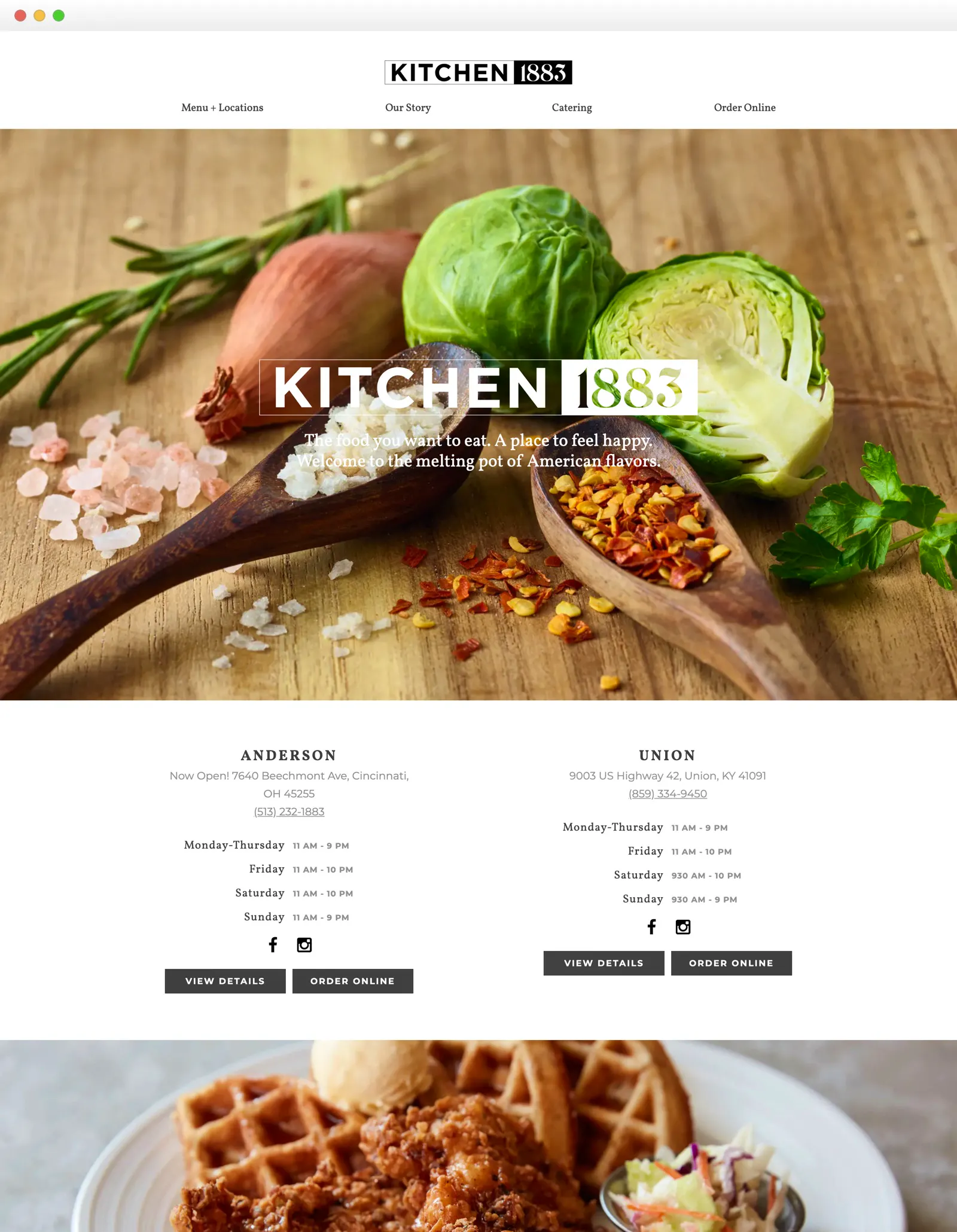 Screenshot of the Kitchen 1883 homepage with a hero of fresh ingredients and hours for the Anderson and Union locations