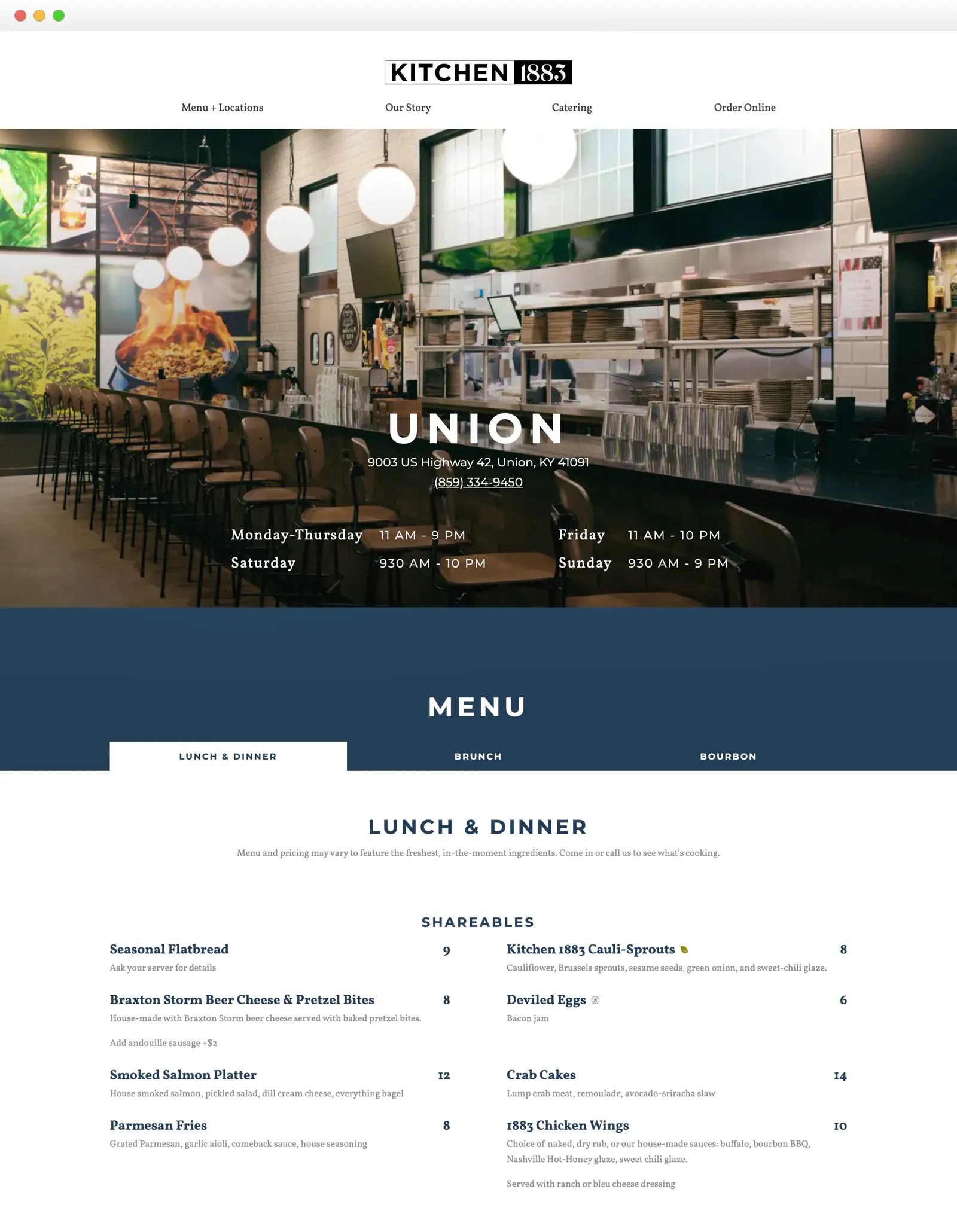 Screenshot of the Kitchen 1883 Union location page with the restaurant interior and lunch and dinner menu