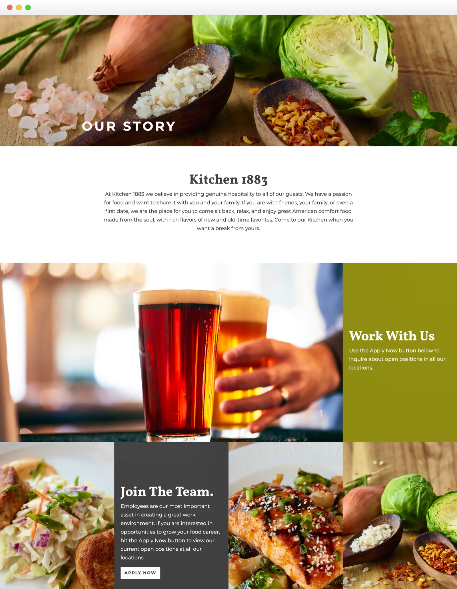 Screenshot of the Kitchen 1883 Our Story page with Work With Us and Join The Team sections