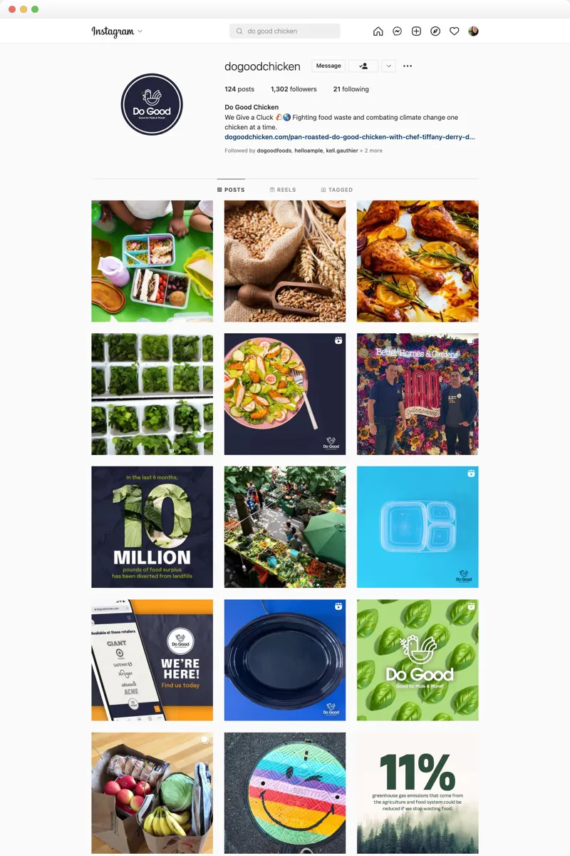 Screenshot of the Do Good Chicken Instagram profile with a grid of food and sustainability posts