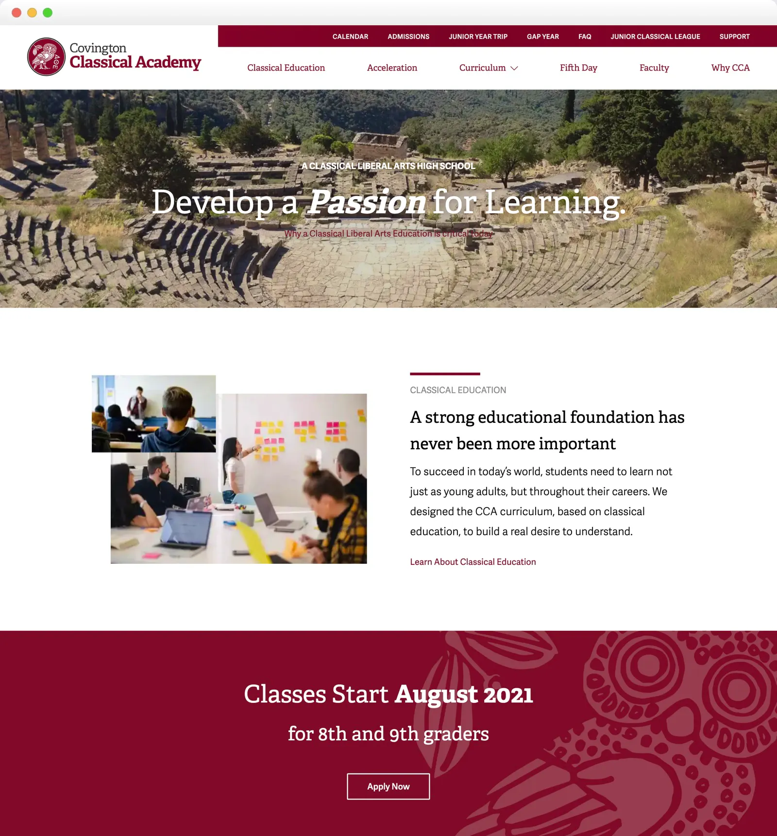 Screenshot of Covington Classical Academy's homepage