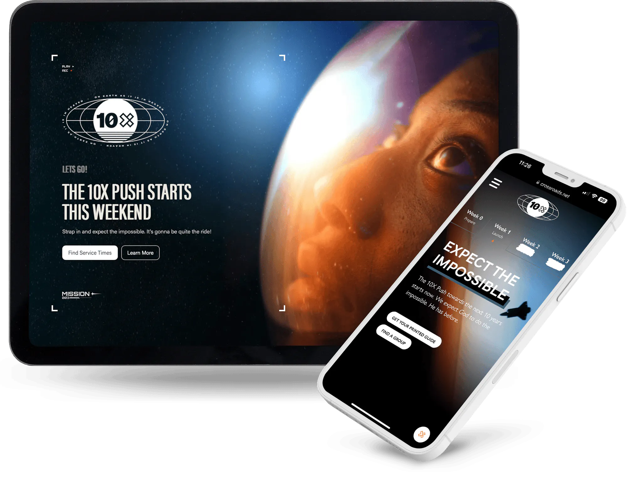 Crossroads website shown on a tablet and phone, with the 10X Push campaign hero reading 'The 10X push starts this weekend'