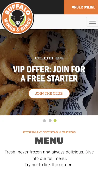 Mobile screenshot of the Buffalo Wings & Rings website with an onion ring hero and a Club '84 VIP offer