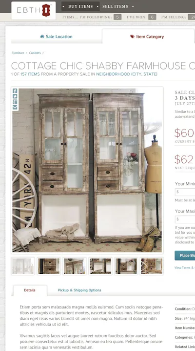 Screenshot of an EBTH auction item page for a farmhouse cabinet with bid fields and photo thumbnails