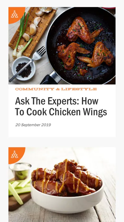 Mobile screenshot of Buffalo Wings & Rings blog cards, including Ask The Experts: How To Cook Chicken Wings
