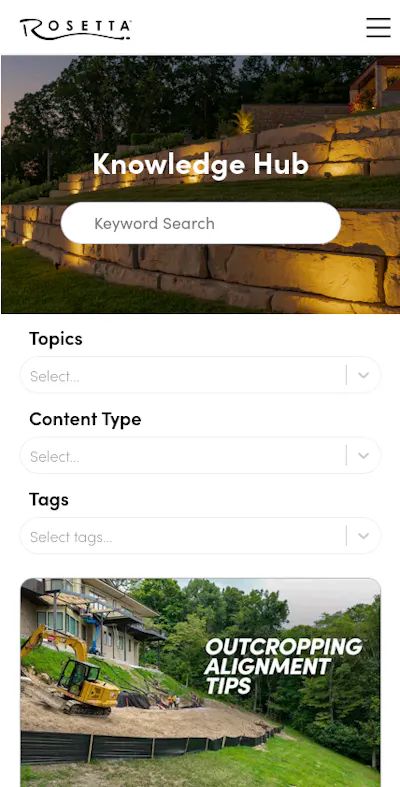 Mobile screenshot of the Rosetta Hardscapes Knowledge Hub with keyword search, topic filters and an article card