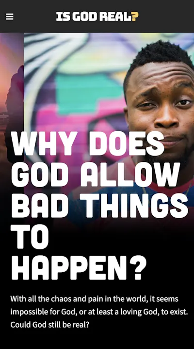 Mobile screenshot of the Crossroads Is God Real? site asking why God allows bad things to happen