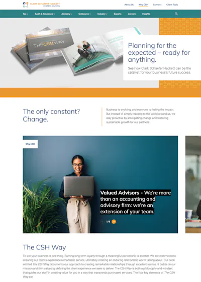 Screenshot of the Clark Schaefer Hackett website with The CSH Way book hero and a Valued Advisors carousel