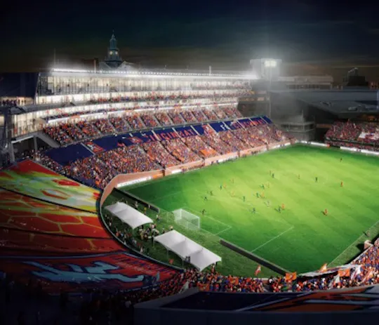 Architectural rendering of a floodlit soccer stadium packed with orange-and-blue fans, for MSA Architects
